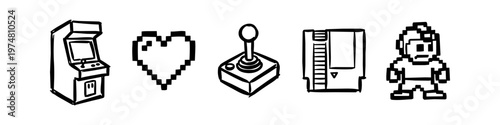 Hand-drawn retro gaming icons set including arcade machine, pixel heart, joystick, cartridge, and 8-bit character. Minimalist black and white doodle style for vintage video game nostalgia.