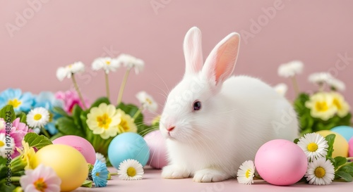 Title festive easter day scene white rabbit with colorful eggs and spring flowers description a charming easter day composition featuring a fluffy