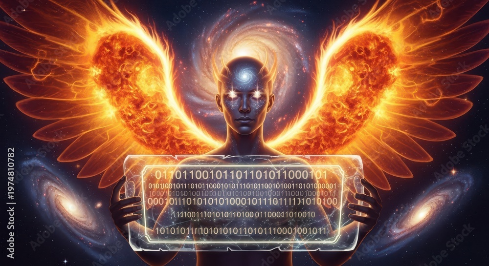Fototapeta premium Cosmic celestial being holds a translucent tablet displaying binary code against a background of burning wings and rotating galaxies.