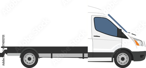 White flatbed truck with extended cargo area and side mirrors