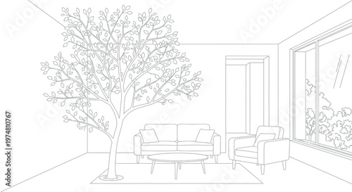 Contemporary architectural line drawing showcasing a spacious living room interior with a prominent indoor tree, comfortable seating, and a large window overlooking nature.