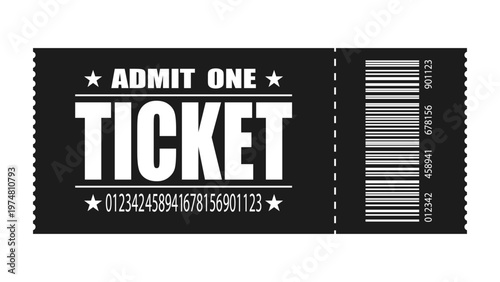 Black admit one ticket with bold typography and barcode, ideal for cinema, concerts, events, entry passes, invitations, and retro graphic designs.