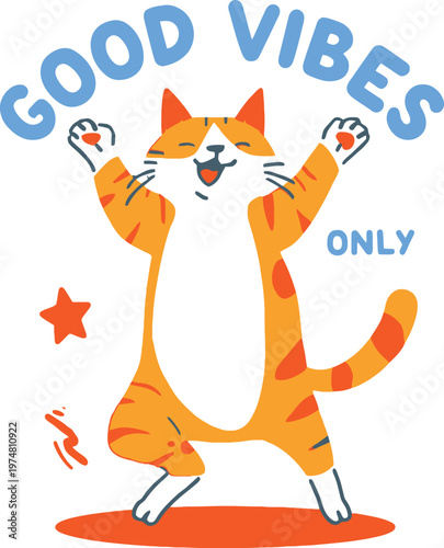 Joyful orange and white striped cat spreading good vibes with uplifted paws
