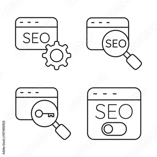 Line website configuration settings and SEO control vector icon set