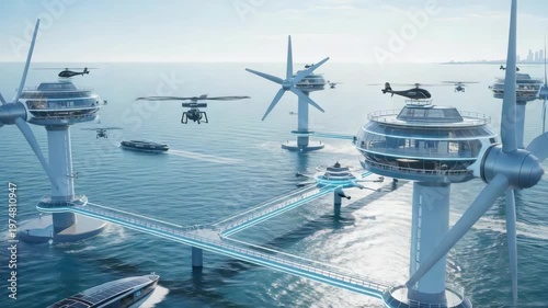 Offshore wind turbine complex with infrastructure and transportation