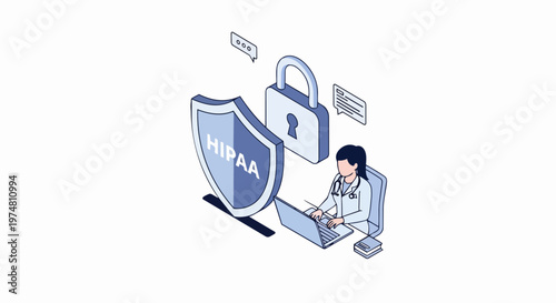 HIPAA Compliance and Medical Data Security Isometric Illustration - Doctor Working on Laptop with Shield and Padlock for Patient Privacy Protection