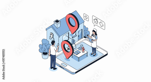 Isometric Telehealth and Home Healthcare Illustration with Nurse and Patient on Smartphone App for Medical Services