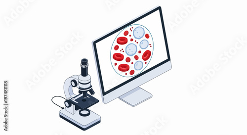 Laboratory Microscope and Computer Monitor Showing Blood Cell Analysis Isometric Illustration