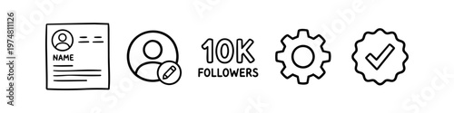 Set of hand-drawn social media icons featuring a profile card, edit user avatar, 10K followers count, settings gear, and a verified checkmark badge. Perfect for digital marketing and UX design.