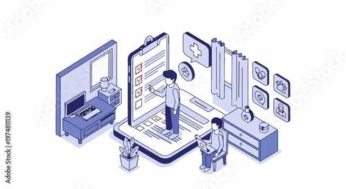 Isometric Healthcare Concept: Medical Professionals Using Digital Clipboard and Tablet for Patient Data Management and Telehealth Checklist
