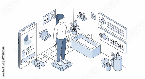 Digital Health and Weight Loss Management Concept: Woman Using Smart Scale and Fitness Tracking App in Isometric Line Art Style