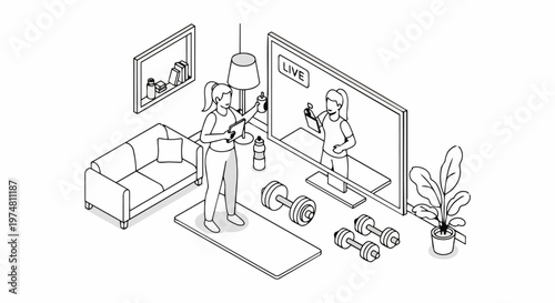 Isometric Line Art Illustration of a Woman Following a Live Online Fitness Class on TV at Home with Exercise Equipment