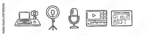 Set of hand-drawn doodle icons for content creation and social media marketing. Includes laptop, ring light, microphone, video editing, and planning board on a white background.