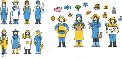 Flat Vector Icons Set Featuring Female Farmers with Various Tools, Vegetables, and Produce for Agriculture, Farming, and Food Industry