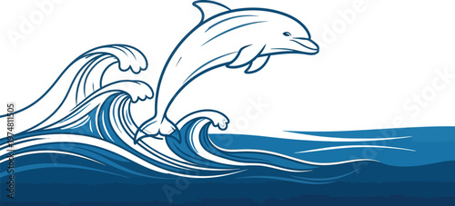 An illustration of a playful dolphin gracefully leaping out of the deep blue ocean waves, showcasing its agility and freedom in the vast marine environment.