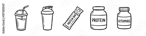 Hand-drawn doodle icons of fitness supplements: protein powder, vitamins, protein bar, and shaker bottles. Minimalist black line art vector set isolated on white for health and gym themes.