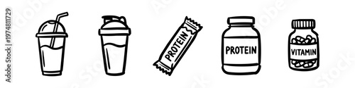 Hand-drawn doodle set of fitness and gym supplements including protein powder, shaker bottle, protein bar, smoothie, and vitamin capsules. Isolated black and white vector icons.