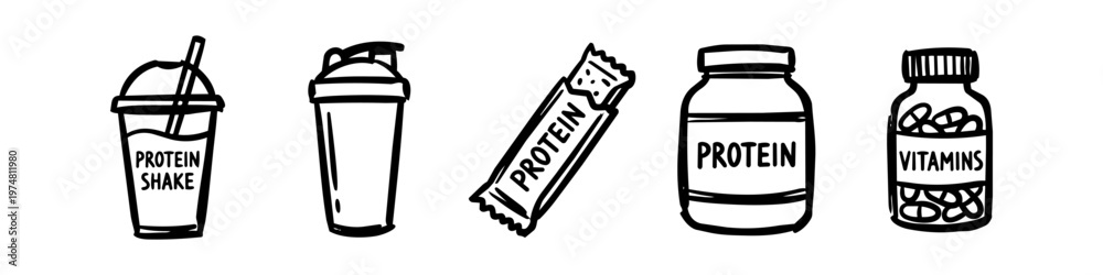 Ταπετσαρία Hand-drawn doodle set of fitness and gym supplements including protein shakes, powder, snack bar, and vitamin bottles