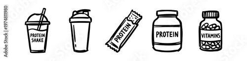 Hand-drawn doodle set of fitness and gym supplements including protein shakes, powder, snack bar, and vitamin bottles. Ideal for sports nutrition and health-related designs.