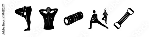 Set of fitness and physical therapy icons featuring stretching, foam rolling, yoga poses, and exercise equipment in black silhouette style on a white background.