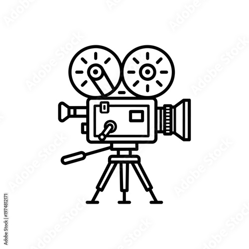 Vintage movie camera icon. Minimal outline classic film camera vector illustration for cinema.
