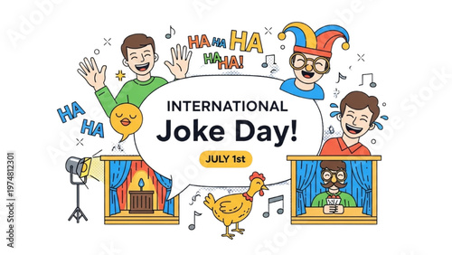 International Joke Day Celebration Banner with Funny Characters and Comedy Elements, Colorful Humor Illustration Poster
