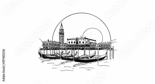 Black and white sketch of Venetian buildings and gondolas on water