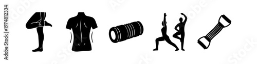 Set of black icons representing physical therapy and fitness concepts including leg stretching, back health, foam rolling, yoga poses, and resistance band exercises on a white background.