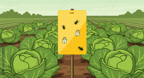 Yellow sticky trap catches insects in a field of cabbages
