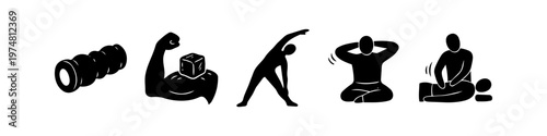 A collection of black icons representing fitness recovery, physiotherapy, muscle care, and wellness, including massage, stretching, icing, and a foam roller, isolated on a white background.