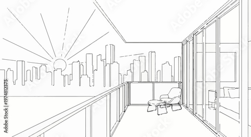 Balcony view of a city skyline at sunrise with a chair and ottoman