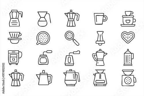 Modern Coffee Brewing Line Icons Set for Barista Equipment and Cafe Design