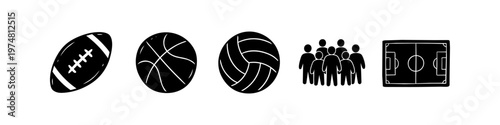 Set of black and white sports icons featuring an American football, basketball, volleyball, team silhouette, and soccer field. Clean minimalist design for sports apps and graphic projects.