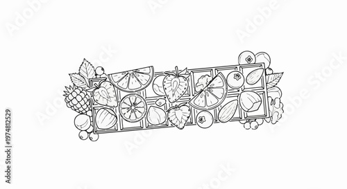 A hand-drawn outline of a chocolate bar with fruits and nuts