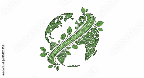 Stylized globe composed of leaves and solar panels, symbolizing eco-friendly energy