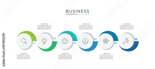Modern infographic template. Creative circle element design with marketing icons. Business concept with 6 options, steps, sections.