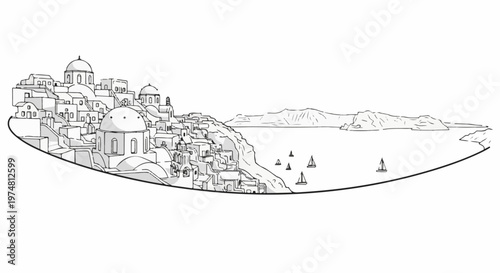 A sketch of a white coastal town with domed buildings on a cliff overlooking the sea with sailboats