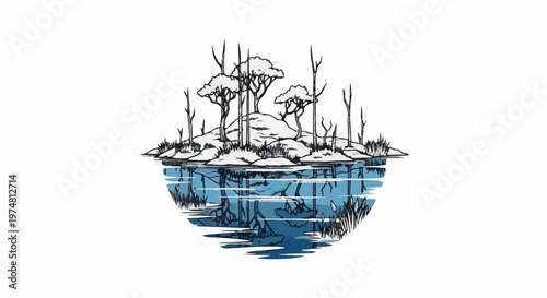 A stark, illustrative depiction of bare trees on a snowy island reflected in calm water