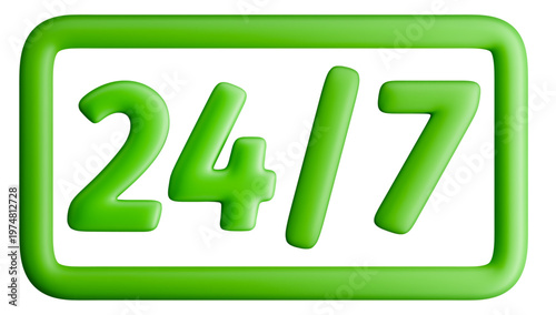 Green 3d 24 7 service sign with a rounded glossy frame with a soft 3d effect