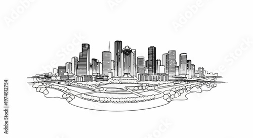 A black and white sketch of a dense urban skyline with a park in the foreground