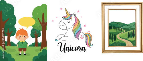 Cute unicorn fantasy character with rainbow mane child in forest landscape and framed countryside painting cartoon vector illustration set