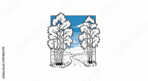 A whimsical sketch of a winding road through birch trees