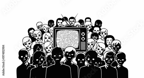 A crowd of stylized, wide-eyed figures mesmerized by a hypnotic television screen