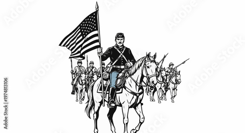 Cavalry soldier leads flag-bearing troop on horseback during historical conflict