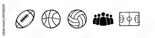 Set of minimalist hand-drawn sports icons including an American football, basketball, volleyball, team silhouette, and a soccer field. Ideal for athletic branding and web design.