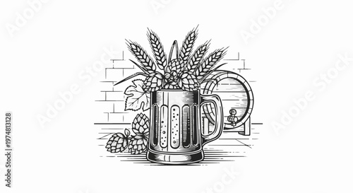 Vintage beer mug overflowing with hops and barley against brick