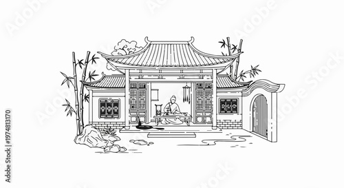 Traditional courtyard scene with a scholar and bamboo elements