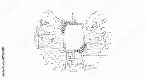 An easel with a blank canvas displays flowers in a park setting