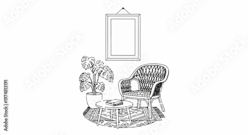 Cozy corner with wicker chair, potted plant, and framed art