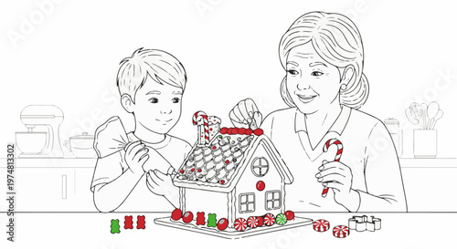 Grandmother and grandson decorating a gingerbread house with festive candy